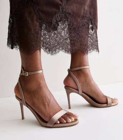 Women's Light Brown Satin Strappy Stiletto Sandals