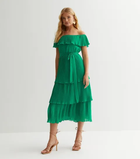 Women's Green Pleated Bardot Midi Dress
