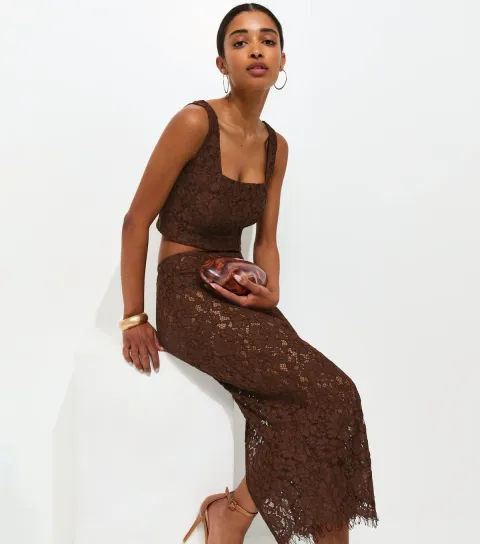Women's Brown Lace Midi Skirt
