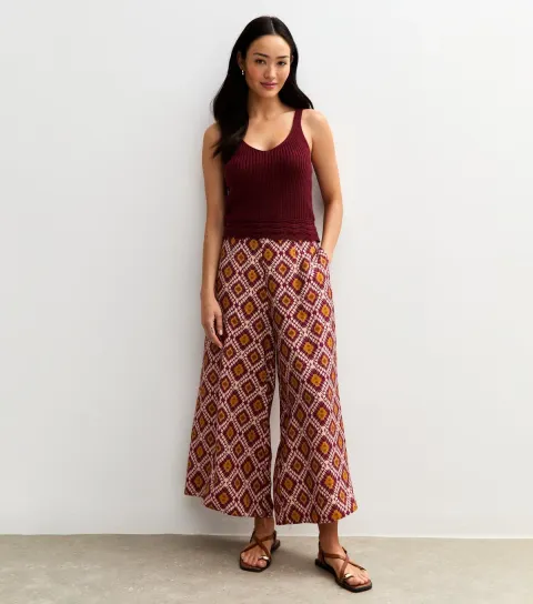 New Look Women's Orange Tie Dye Diamond Print Wide Leg Cropped Trousers
