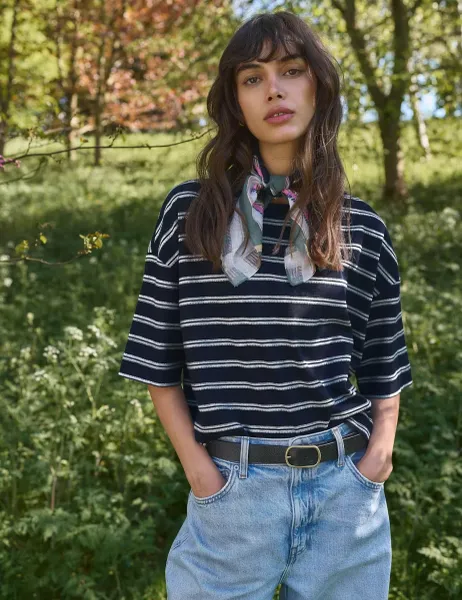 White Stuff Pure Cotton Striped T-Shirt Navy Mix