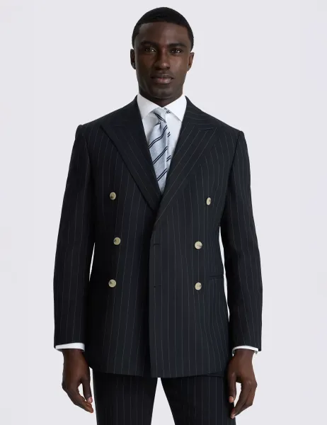 Moss Tailored Fit Pinstripe Double Breasted Suit Jacket Navy Mix