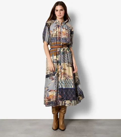 Women's Blue Patchwork Print Midi Dress