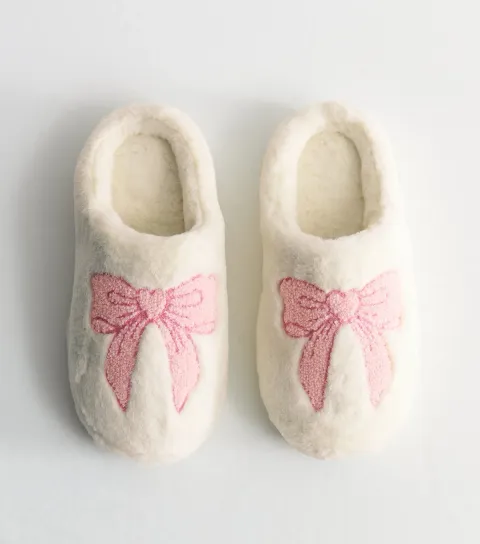 Women's Off White Faux Fur Bow Mule Slippers