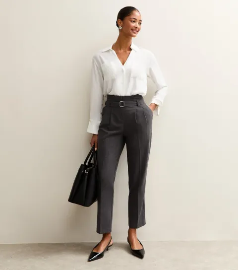 Women's Dark Grey Paperbag Waist Tapered Trousers