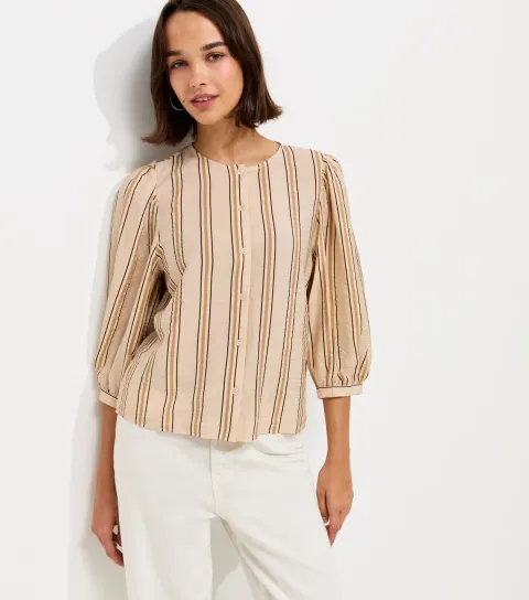 Women's Cream Crinkle Texture Striped Button Front Blouse