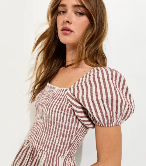 Women's Brown Stripe Cotton Shirred Peplum Blouse