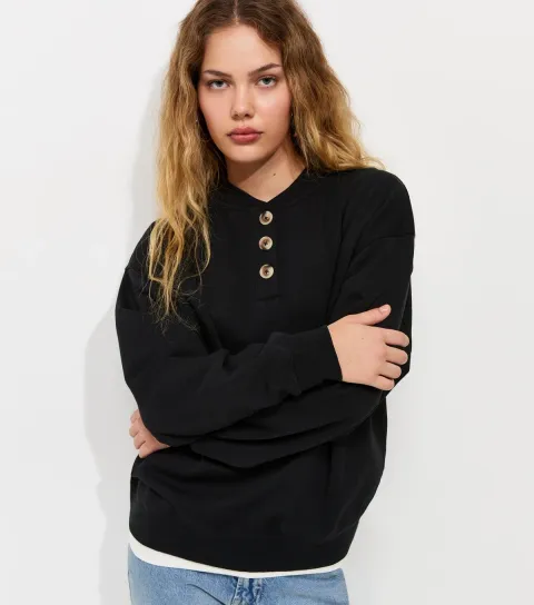 Women's Black Cotton Rich Henley Collar Sweatshirt