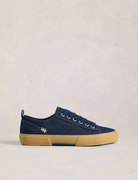 White Stuff Canvas Lace Up Striped Trainers Dark Blue Denim