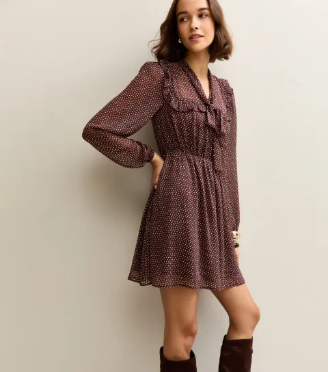 Women's Brown Chiffon Polka Dot Mini Dress