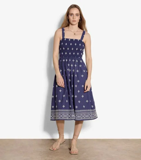 Women's Blue Embroidered Ruched Strap Midi Dress