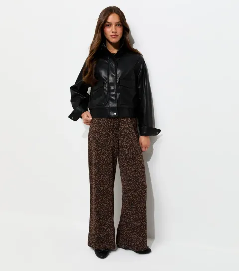 Women's Petite Brown Cotton Rich Leopard Print Wide Leg Trousers