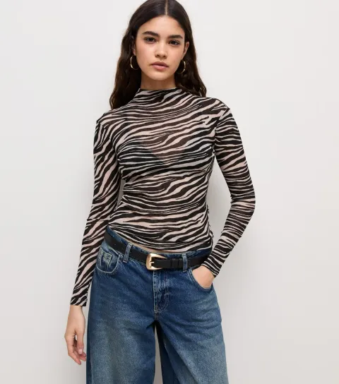 Women's Brown Zebra Print High Neck Long Sleeve Mesh Top