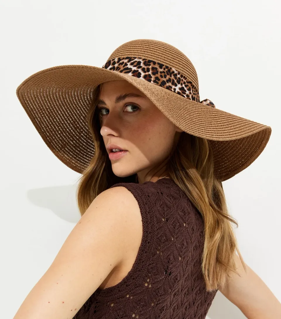 Tan Straw Leopard Trim Hat