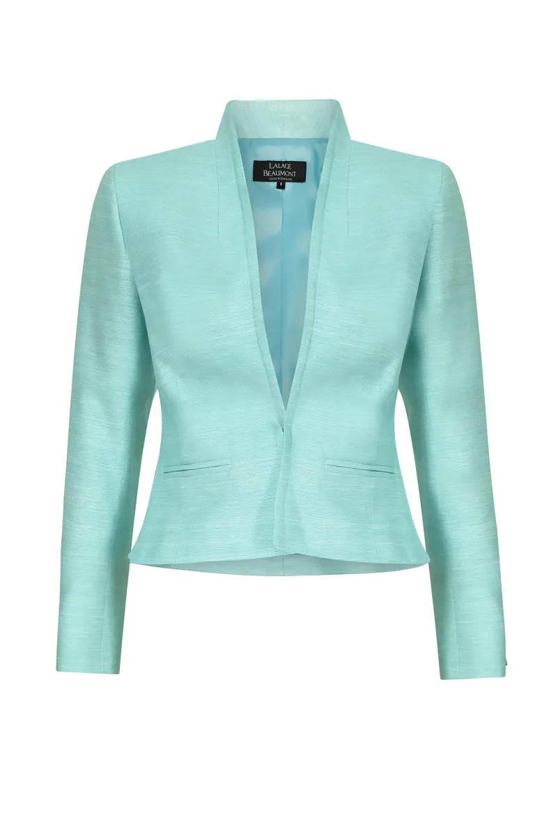 Waisted Edge-to-Edge Jacket in Plain Raw Silk in Aqua - Margo