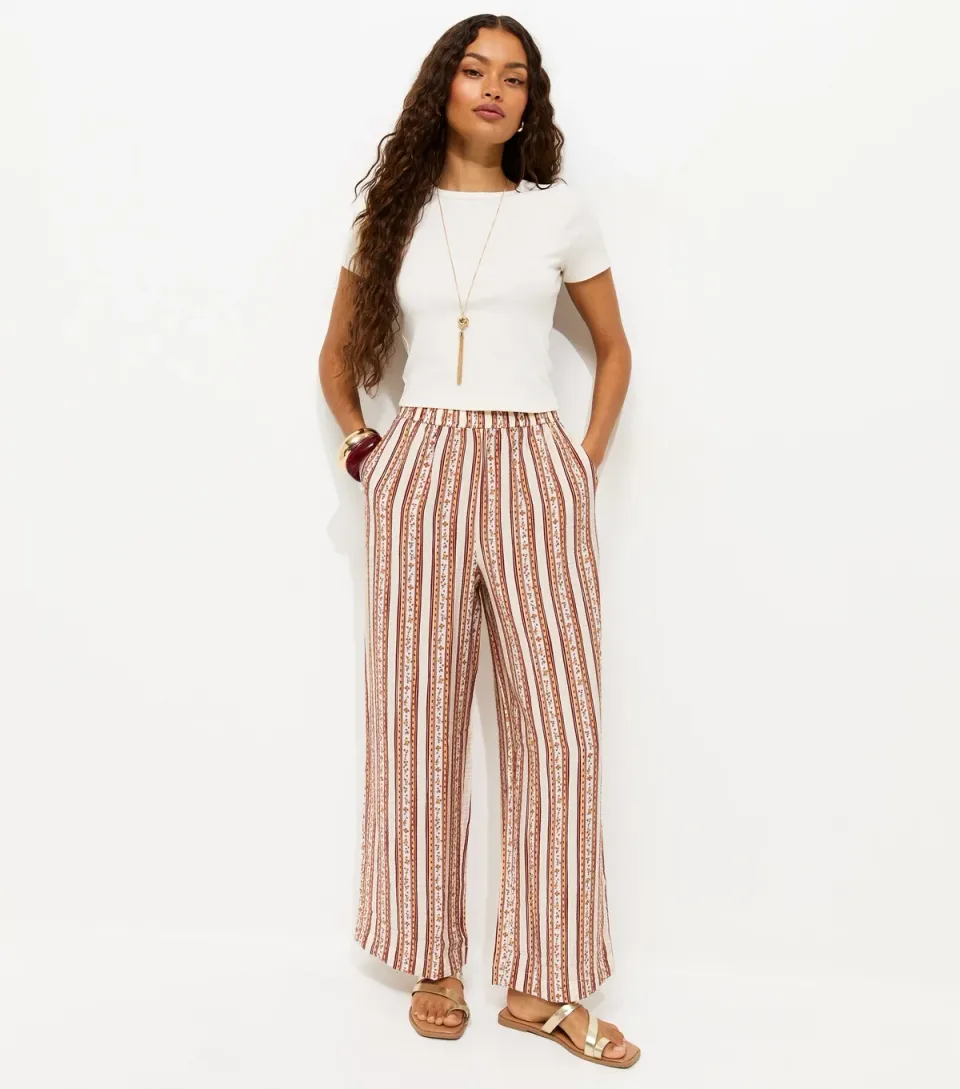 Women's Petite Cream Floral Striped Wide Leg Trousers