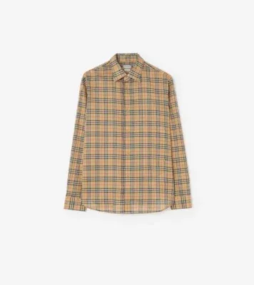 Relaxed Fit Check Cotton Shirt in Sand beige