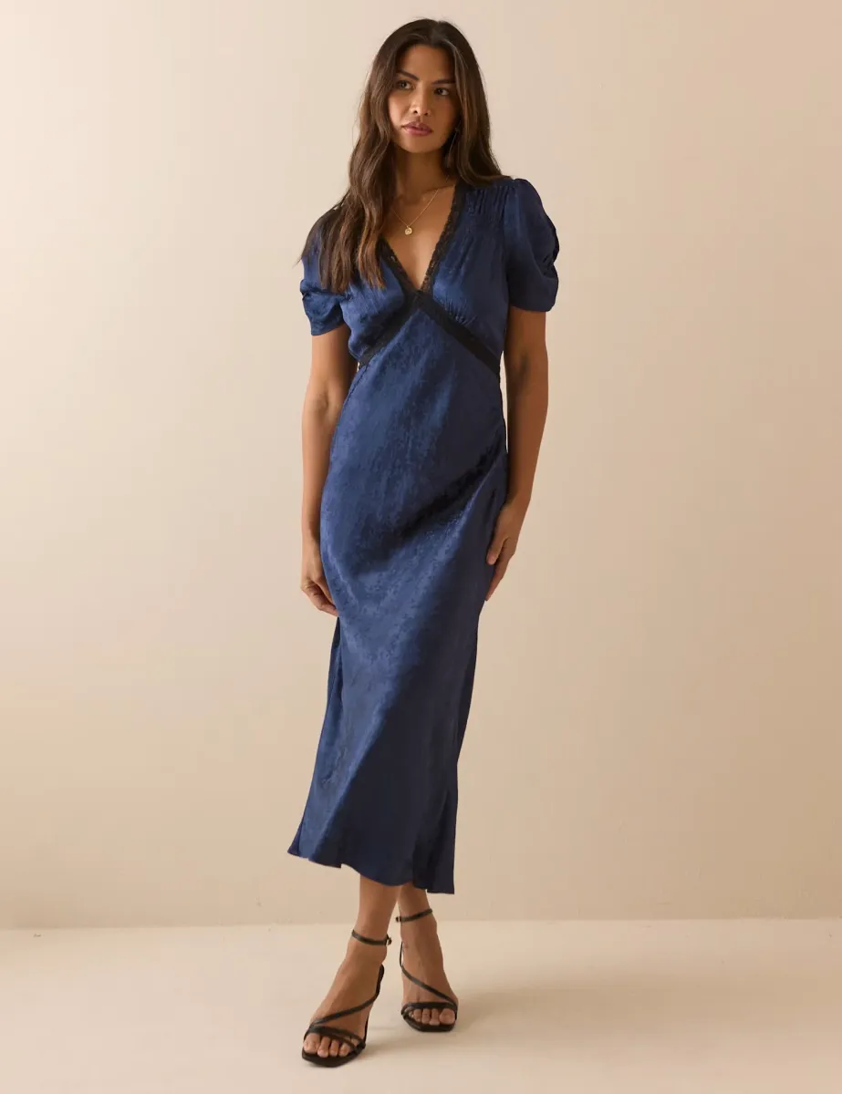 Fit And Flare V Neck Midi Dress Blue