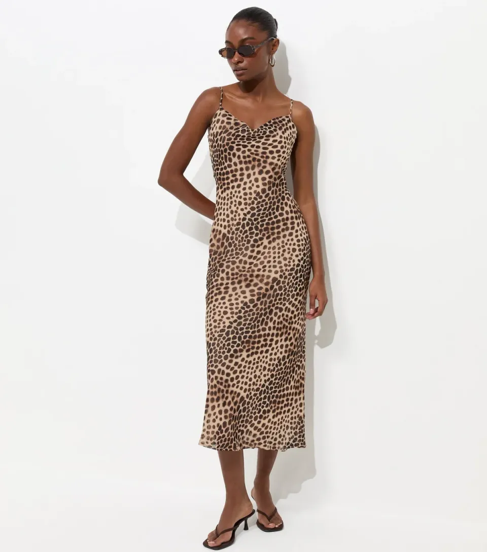 Women's Brown Leopard Print Chiffon Strappy Midi Dress