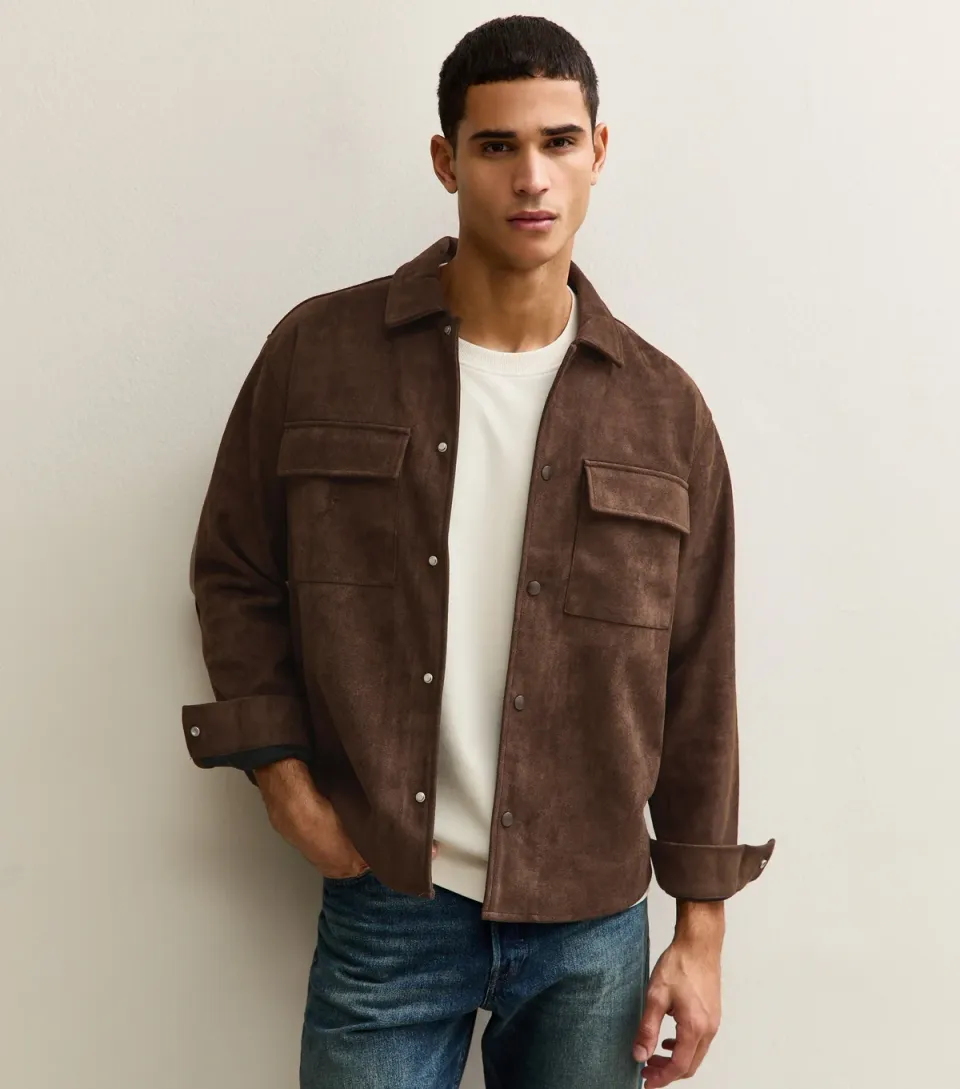 Men's Brown Faux Suede Shacket