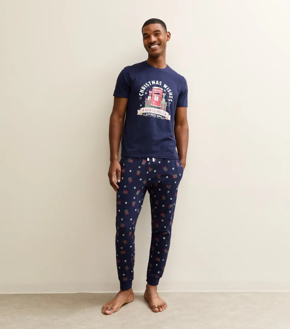 Men's Blue Regular North Pole Print Top and Tapered Bottoms Pyjama Set