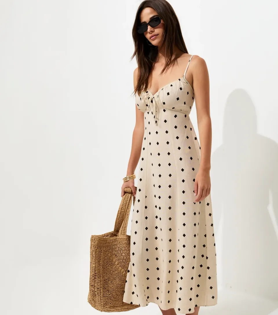Women's Cream Diamond Spot Strappy Midi Dress