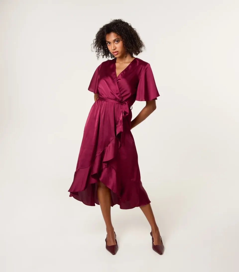 Women's Light Burgundy Satin Frill Midi Dress