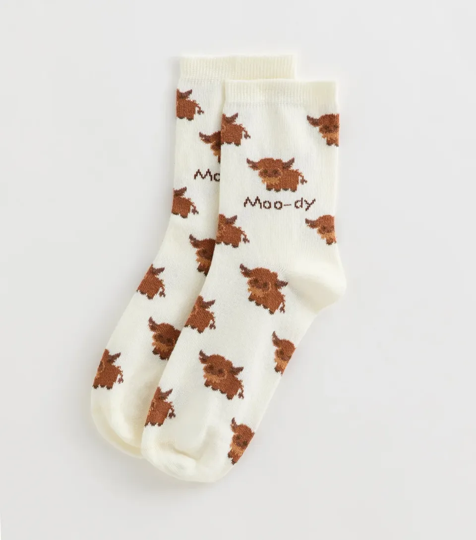 Cream Moo-Dy Highland Cow Pattern Socks