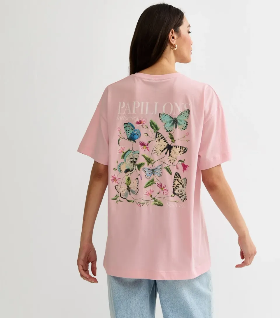 Women's Light Pink Butterfly Print Oversized T-Shirt