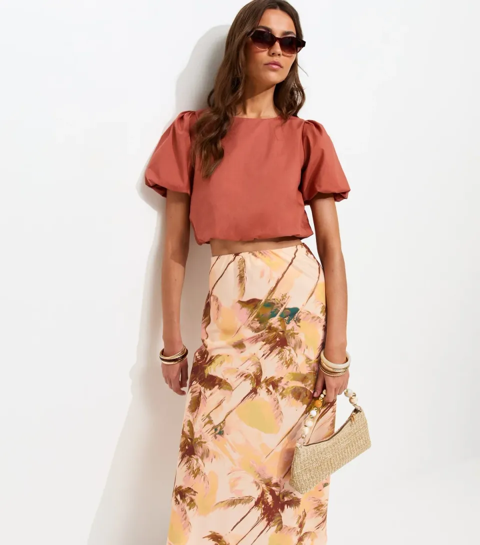 Women's Pink Blurry Palm Tree Print Bias Cut Midi Skirt