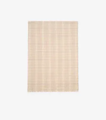 Wide Embellished Check Wool Silk Blend Scarf in Sesame beige