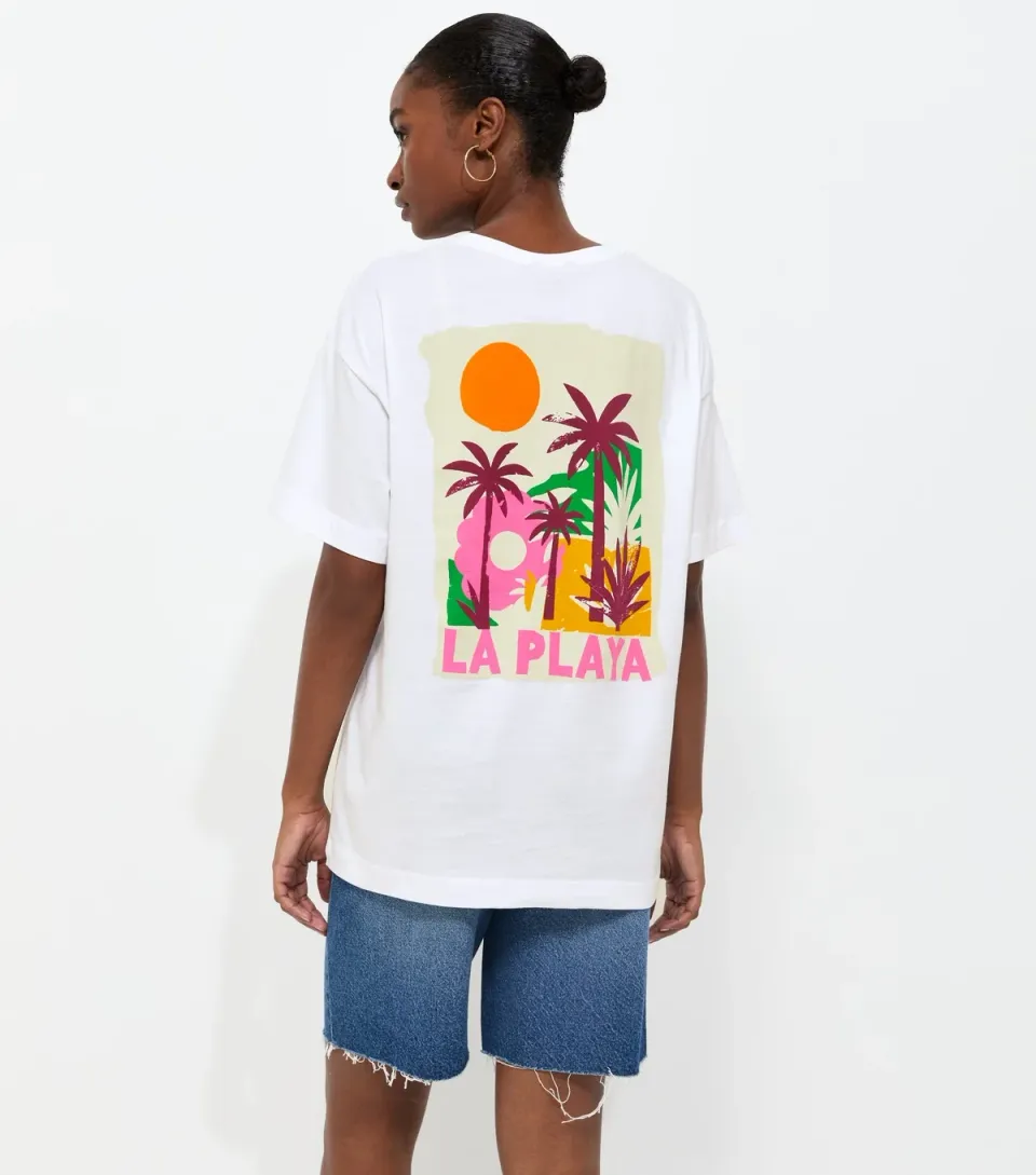 Women's White Cotton La Playa Oversized T-Shirt