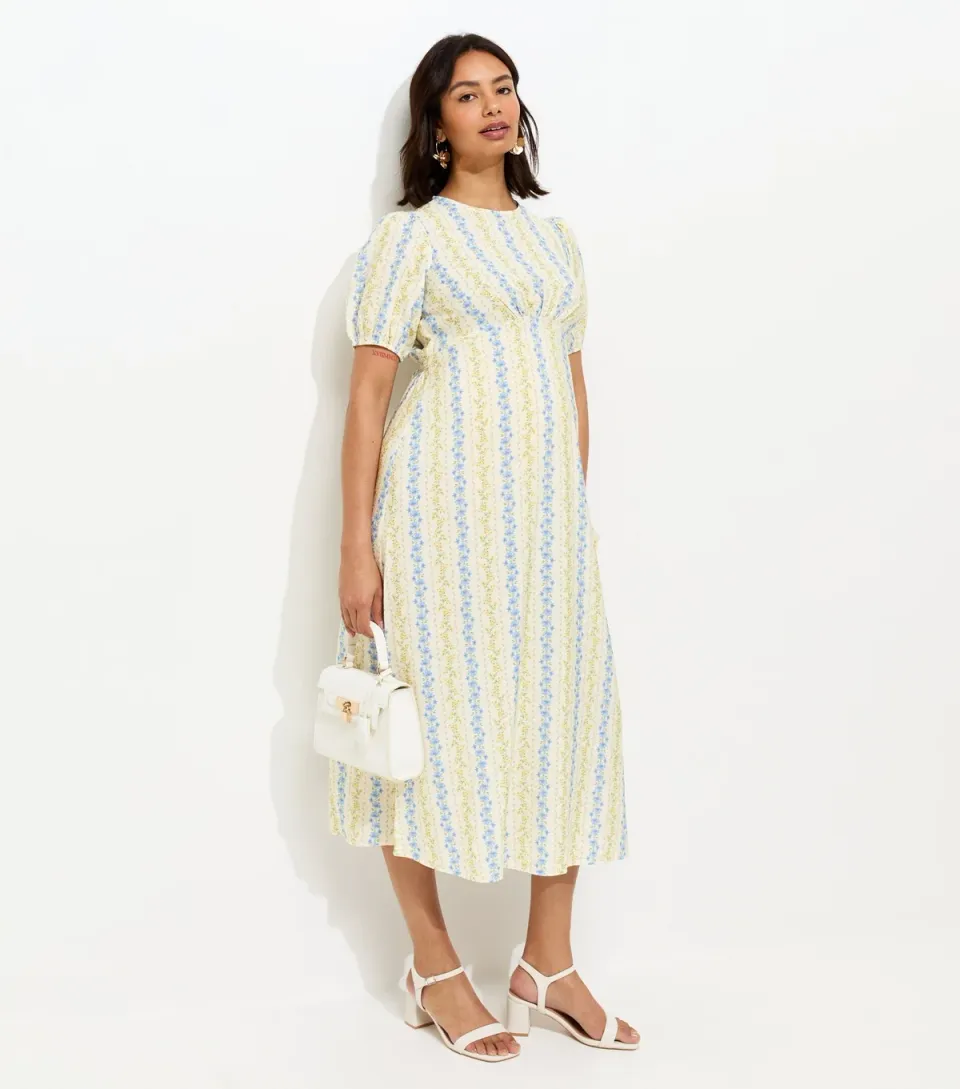Women's Maternity Cream Floral Print Midi Dress