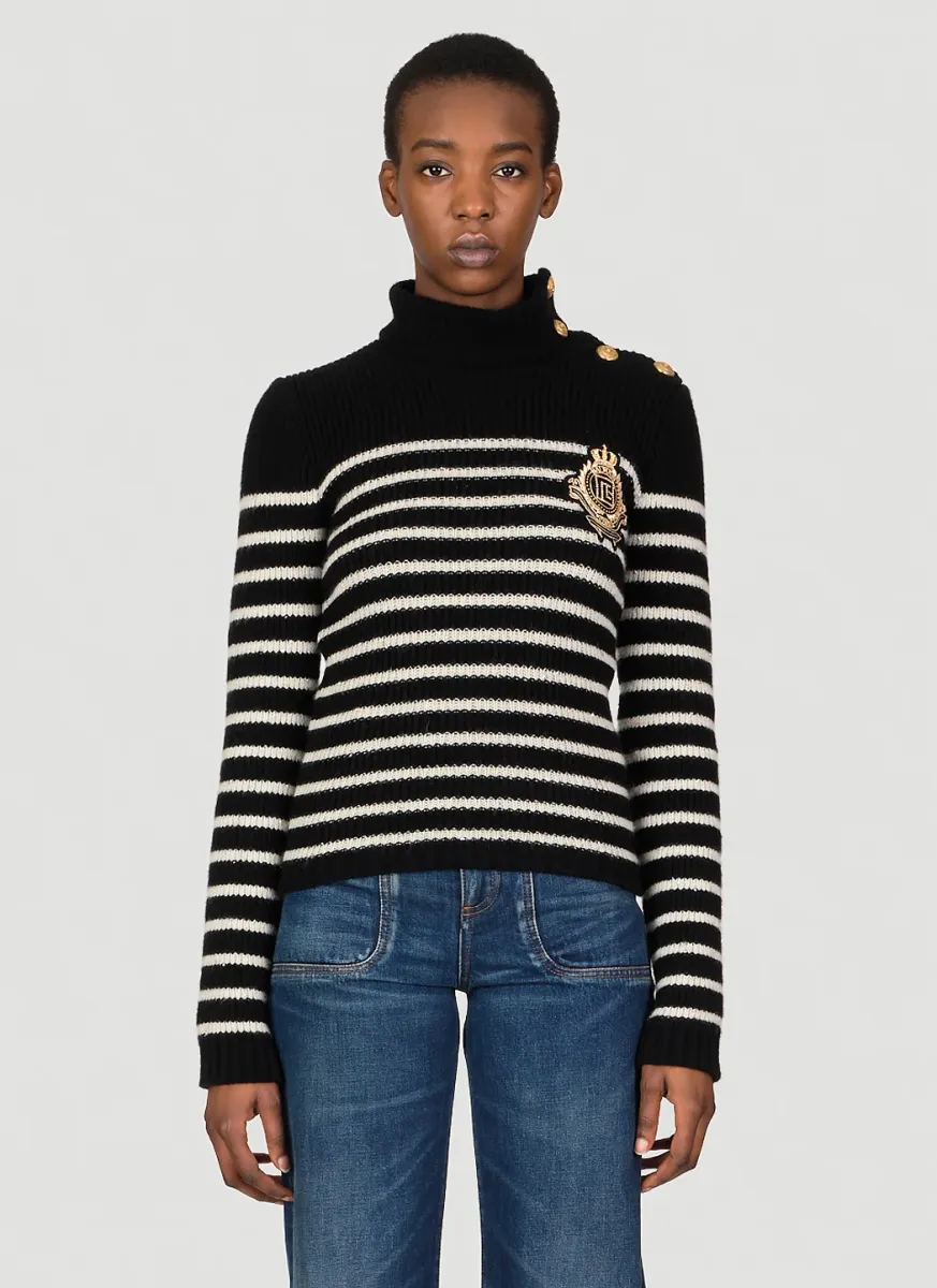 3 Button High Neck Stripe Sweater