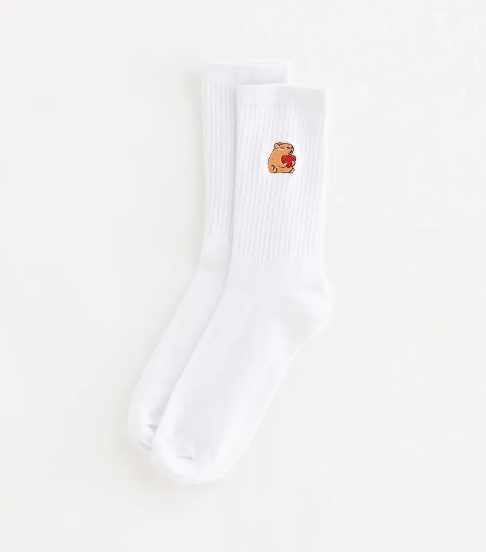 White Embroidered Capybara Tube Socks