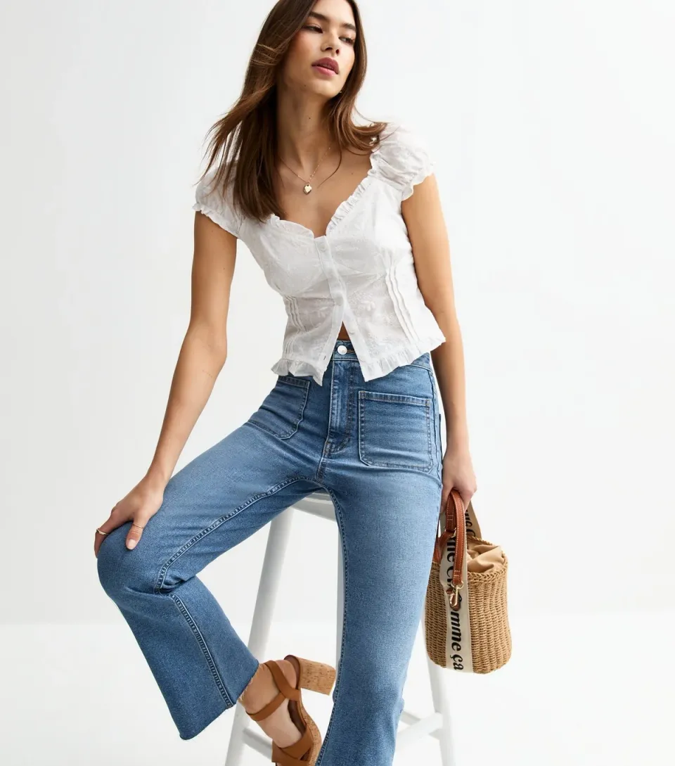 Women's Blue Patch Pocket Kick Flare Denim Jeans