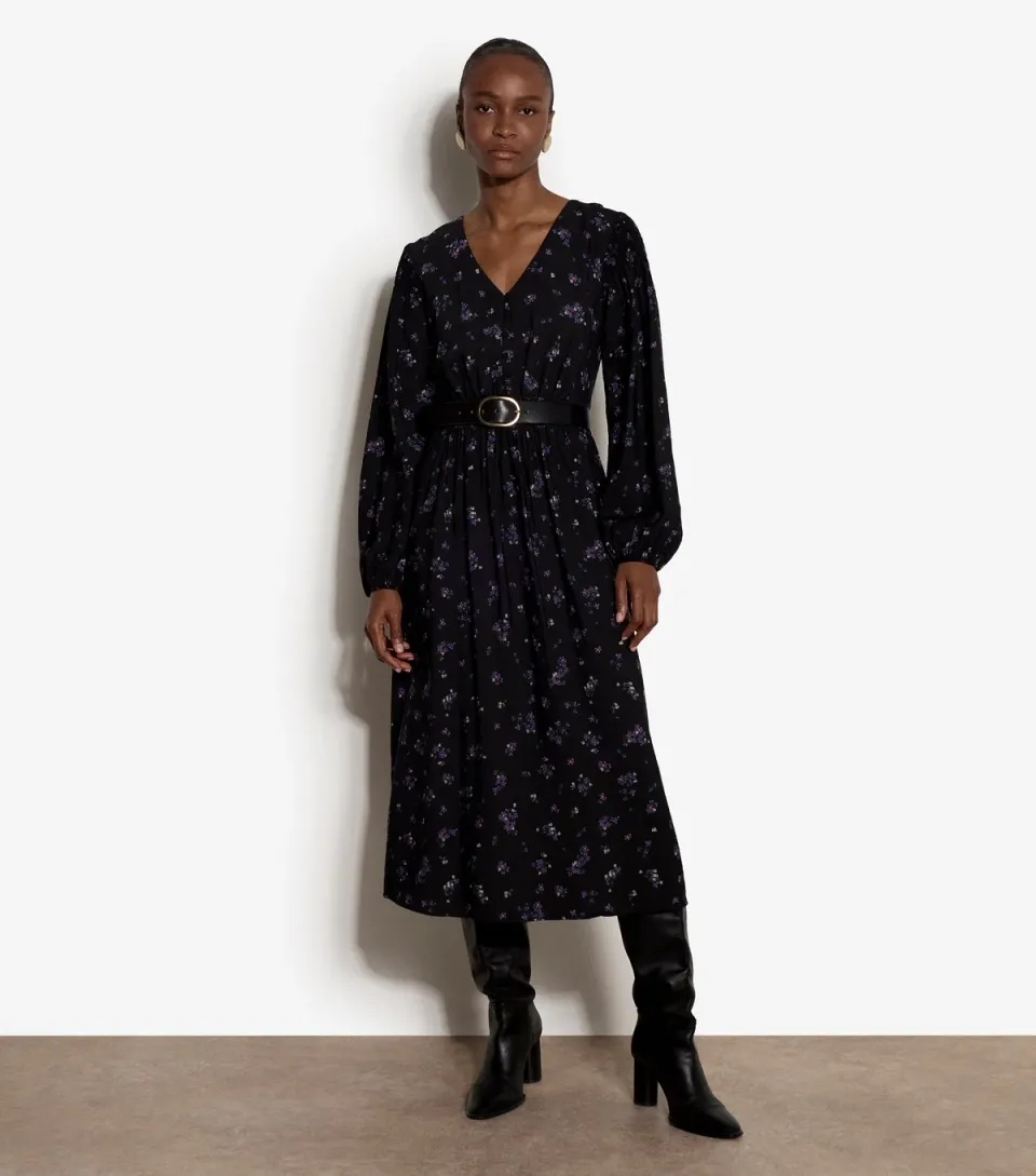 Women's Black Smock Waist Ditsy Print Midi Dress