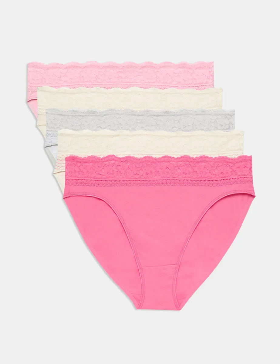 5pk Cotton Rich Printed High Leg Knickers Pink Mix