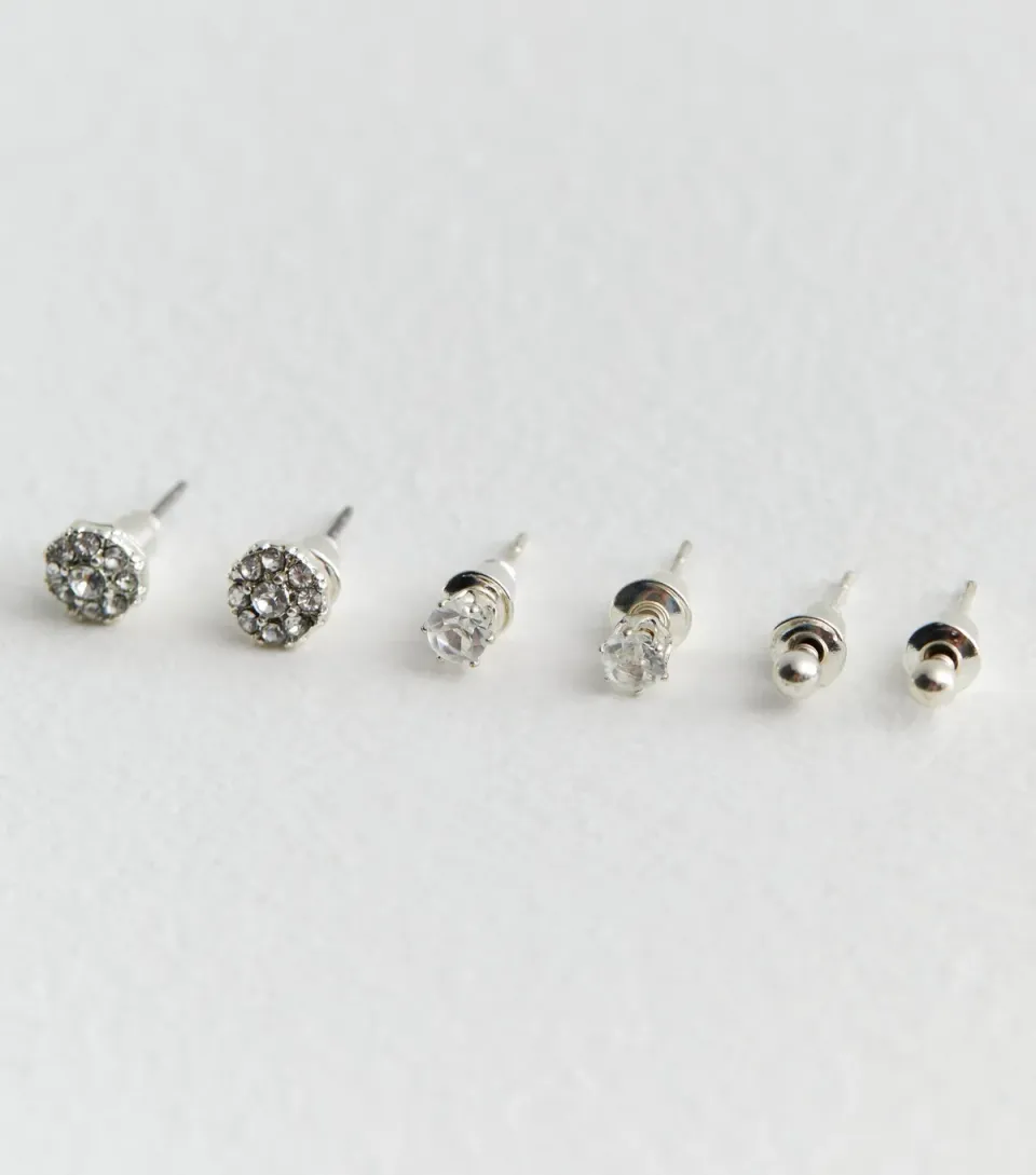 3 Pack Silver Diamanté Stud Earrings