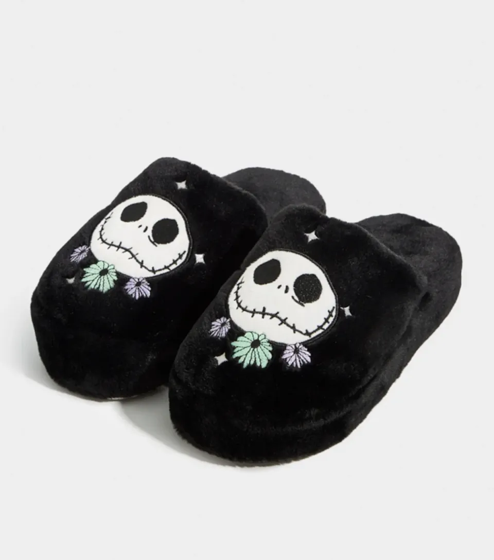 Women's Black Embroidered Nightmare Before Christmas Slippers