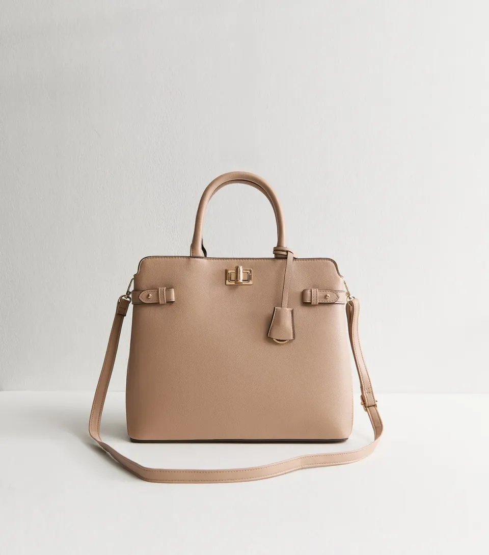 Mink Faux Leather Turn Lock Gusset Tote Bag Vegan