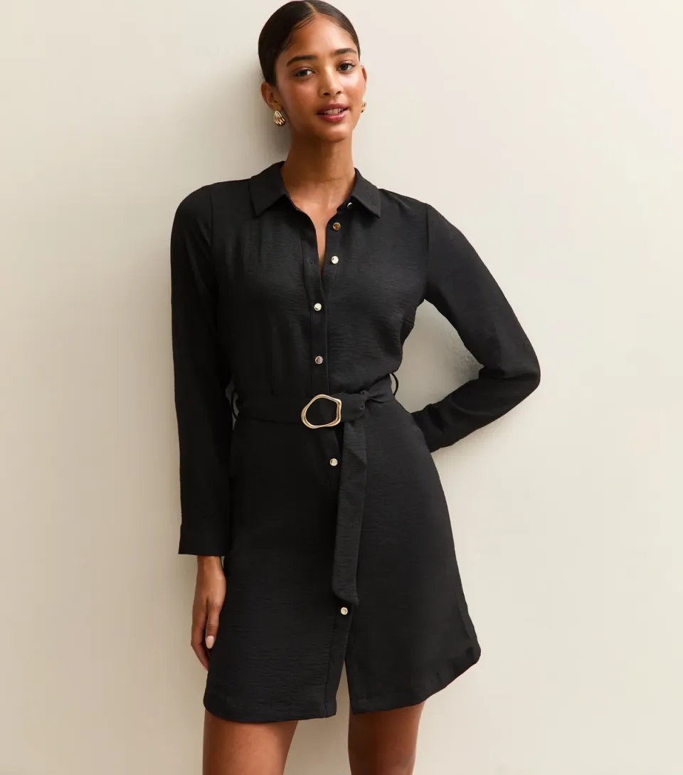 Women's Black Belted Button Through Mini Shirt Dress