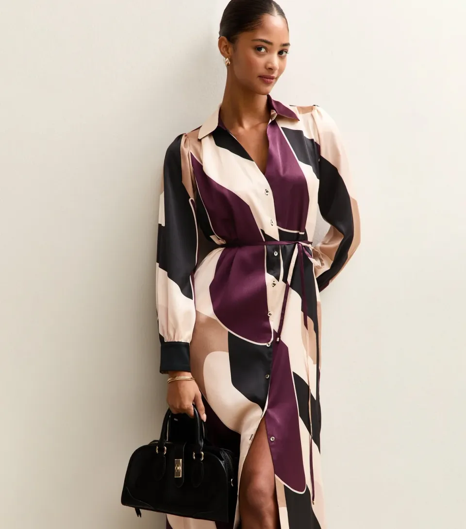 Women's Brown Geometric Print Satin Tie Waist Shirt Dress