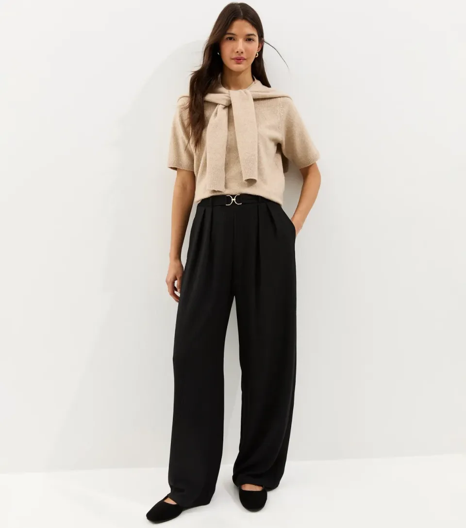 Women's Black Belt Detail Pleated Crinkle Texture Wide Leg Trousers