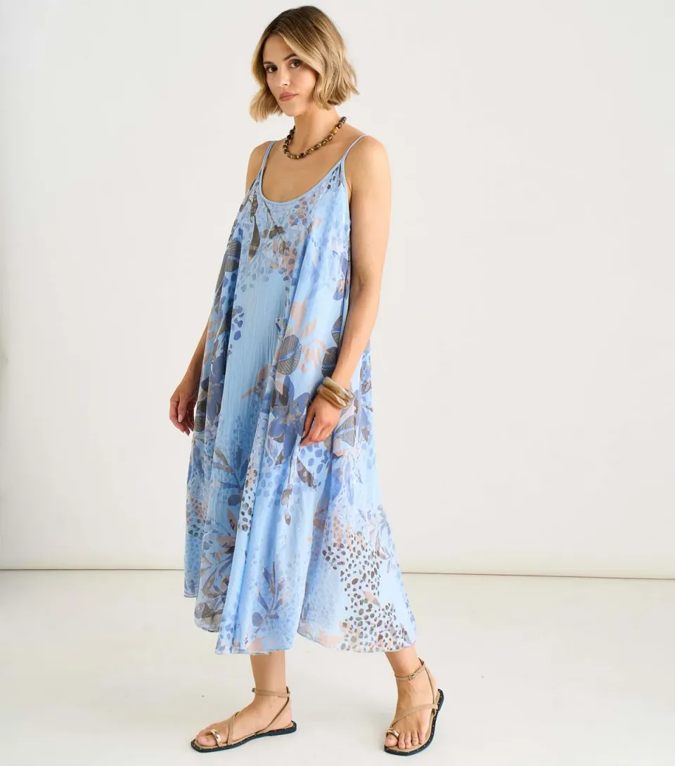 Women's Blue Floral Strappy Midi Dress