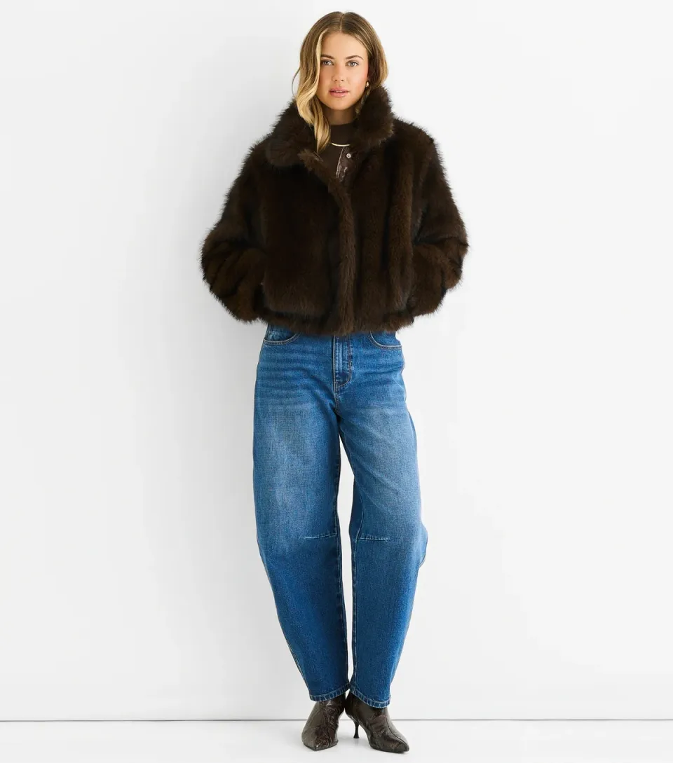 Women's Mid Brown Short Faux Fur Jacket