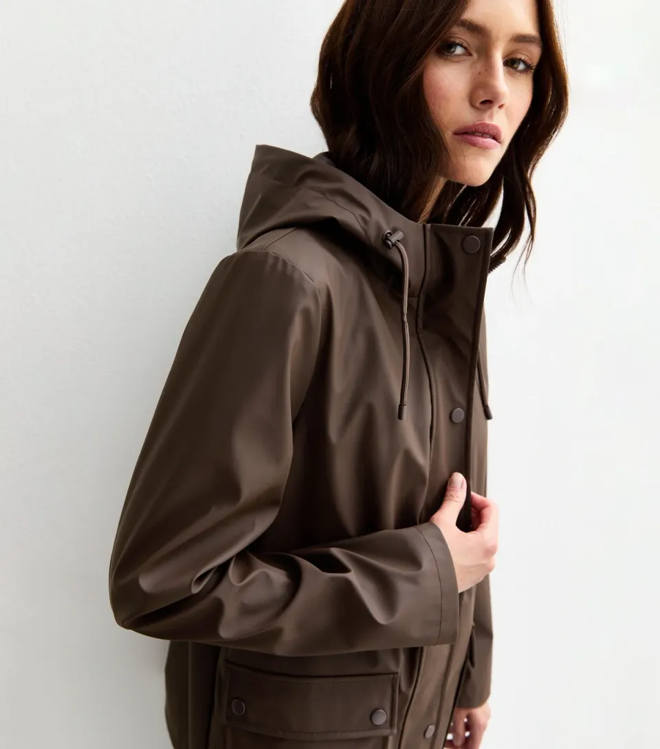 Women's Dark Brown Water Resistant Drawstring Hood Rain Anorak