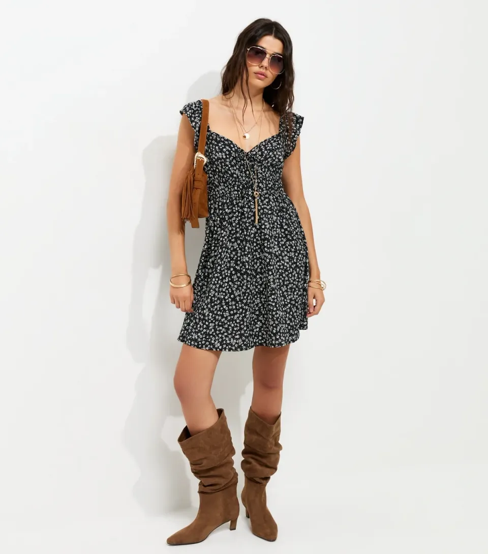 Women's Black Frill Trim Daisy Print Mini Dress