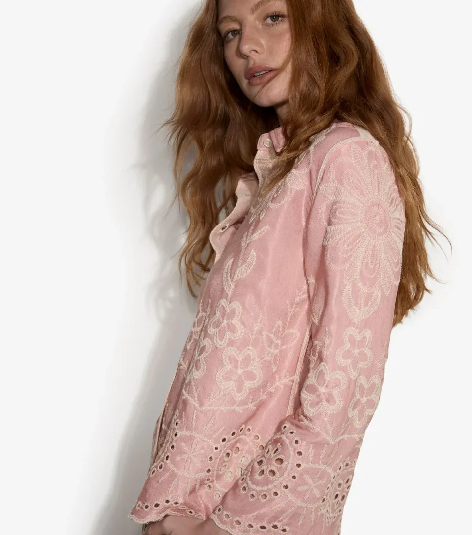Women's Pink Floral Print Cutwork Shirt