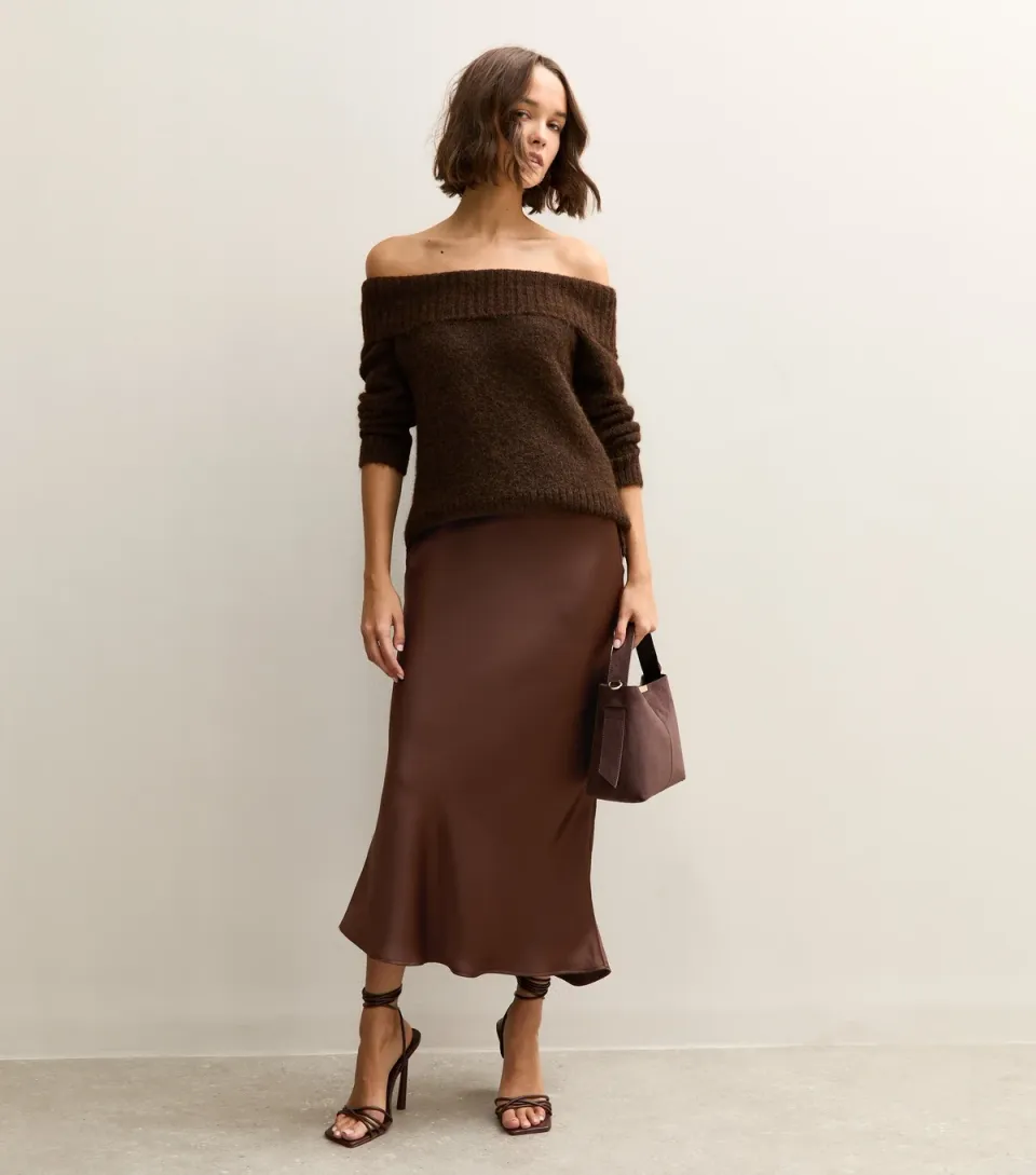 Women's Navy Satin Bias Cut Midi Skirt